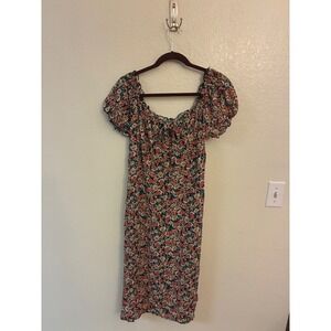 AUW Floral Puff Sleeve Midi Dress Black Pink Daisy Print Milkmaid Side Slit XL